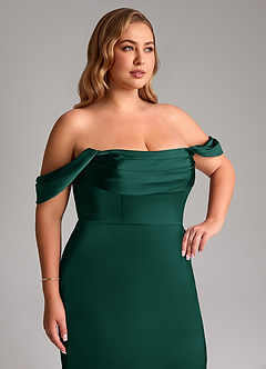 Azazie Saige Bridesmaid Dresses Emerald Sheath Off the Shoulder Stretch Satin Dress image14