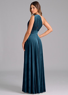 Azazie Charlize Bridesmaid Dresses Blue Topaz A-Line One Shoulder Velvet Dress image2