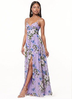 Azazie Zeya Bridesmaid Dresses Lilac Floral A-Line V-Neck Pleated Chiffon Dress image4