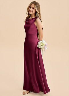 Azazie Kiki Junior Burgundy A-Line Bow Stretch Satin Dress image3