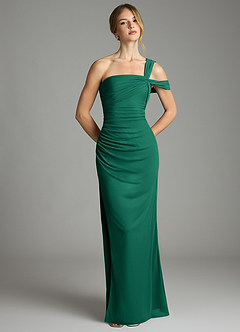 Azazie Tati Bridesmaid Dresses Emerald Sheath Off the Shoulder Mesh Dress image2