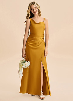 Azazie Abby Junior Robe Trapèze en Satin extensible Plissée Caramel écossais image1