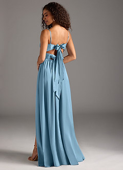 Azazie Zeya Bridesmaid Dresses Steel Blue A-Line Pleated Stretch Satin Dress image1