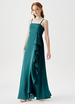 Azazie Kaylee Junior Robe Trapèze en Satin extensible avec ceinture Paon image4