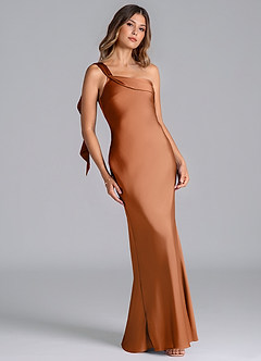 Azazie Driea Brudtärnklänningar Klä av Sjöjungfru i Stretch Satin Ena axeln Koppar image1