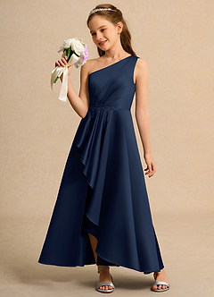 Azazie Taffy Junior Formal vestidos de niña de las flores Vestido de Azul Marino Oscuro de Satin Mate de Corte En A con Encaje image3