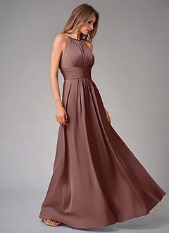 Azazie Bonnie Bridesmaid Dresses Espresso A-Line Pleated Stretch Satin Dress image4