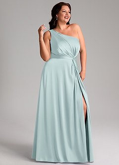 Azazie Brooke Bridesmaid Dresses Mist A-Line One Shoulder Stretch Satin Dress image11