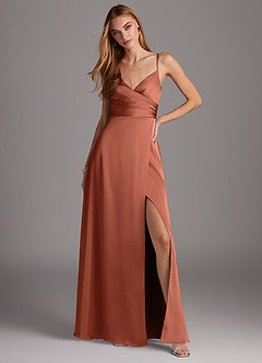 Azazie Calissa Brautjungfernkleider A-Linie V-Hals Gefaltet Stretch-Satin Kleid Lehm image3