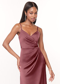 Azazie Maci Bridesmaid Dresses Desert Rose A-Line V-Neck Pleated Stretch Satin Dress image5