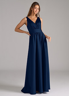 Azazie Kora Bridesmaid Dresses Dark Navy A-Line Pleated Stretch Satin Dress image3