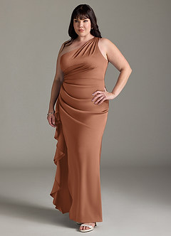 Azazie Latrice Bridesmaid Dresses Bronzer Sheath One Shoulder Cascading Ruffles Stretch Satin Dress image3