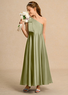 Azazie Guppy Girls Formal vestidos de niña de las flores Vestido de Musgo Verde de Satin Mate de Corte en A con Hombro unilateral image4