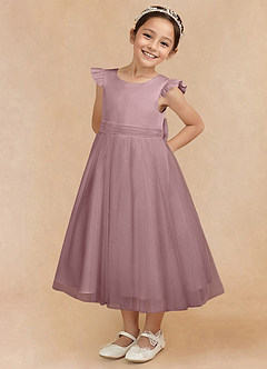 Azazie Hemi Robe Demoiselle D'honneur Fillette Robe Trapèze en Tulle Arc Rose Poussiéreuse image2