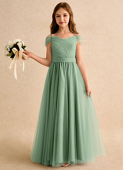 Azazie Yuna Girls Formal Flower Girl Dresses Matcha A-Line Off the Shoulder Tulle Dress image3