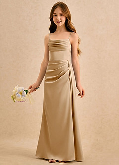 Azazie Shyla Girls Formal vestidos de niña de las flores Vestido de Oro de Satén Elástico de Corte Recto con Plisado image3