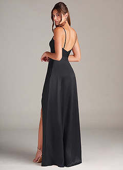 Azazie Sarella At-home Try On Dresses Black A-Line Pleated Stretch Satin Dress image4