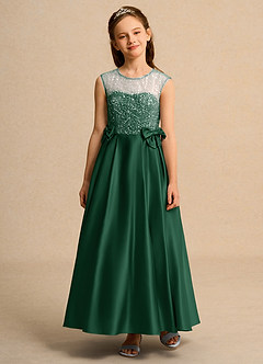 Azazie Candy Girl vestidos de niña de las flores Vestido de Verde Oscuro de Satin Mate de Princesa con Lazo image6