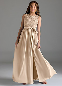 Azazie Elly Junior Abito A-Line in Chiffon Pizzo Alabastro Bianco image1