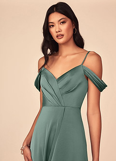 Azazie Ocean Brautjungfernkleider A-Linie V-Hals Gefaltet Stretch-Satin Kleid Seemoos image2