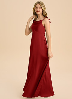 Azazie Gumdrop Junior 엠파이어 주름진 스트레치 새틴 플로어 길이 주니어 신부 들러리 드레스 image5