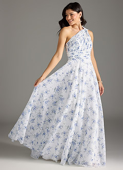 Azazie Charlize Jurken voor bruidsmeisjes Jurk van Chiffon met A-Lijn One-Shoulder Blauw Huisje Bloemen image3