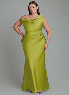 Azazie Emerson Bridesmaid Dresses Lemongrass Mermaid Off the Shoulder Stretch Satin Dress image8