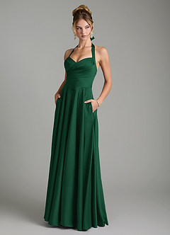 Azazie Tenaya Robes de demoiselle d'honneur Robe Trapèze en Satin extensible Décolleté en cœur Vert Foncé image1