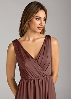 Azazie Tanicia Bridesmaid Dresses Espresso A-Line Pleated Stretch Satin Dress image6