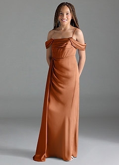 Azazie Amyra Junior Copper Sheath Off the Shoulder Stretch Satin Dress image4