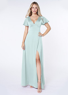 Azazie Lani Bridesmaid Dresses Sea Glass A-Line Flounce Sleeve Stretch Satin Dress image1