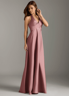 Azazie Tessie Vestidos de damas de honor Vestido de Rosa Polvorienta de Satén Elástico de Corte en A con Plisado image4