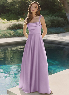 Azazie Shaude Bridesmaid Dresses Frosted Lilac A-Line Pleated Stretch Satin Dress image4