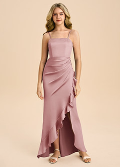 Azazie Buzzy Junior Dusty Rose Sheath Pleated Stretch Satin Dress image3