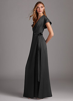 Azazie Nico Bridesmaid Dresses Black A-Line V-Neck Stretch Satin Dress image2