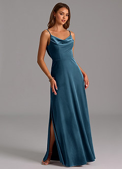 Azazie Olaine Bridesmaid Dresses Blue Topaz A-Line Pleated Velvet Dress image5
