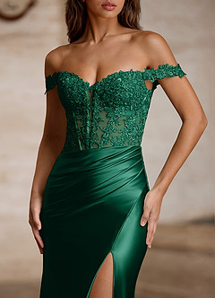 Wrentino Verde Oscuro Vestido de fiesta de satén con apliques bordados image4