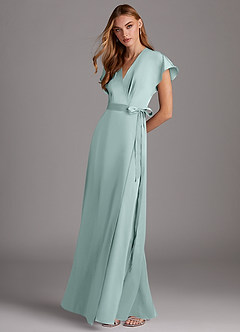 Azazie Nico Bridesmaid Dresses Sea Glass A-Line V-Neck Stretch Satin Dress image4