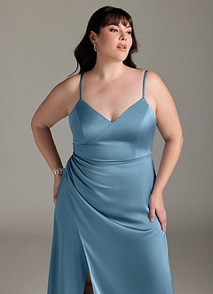 Azazie Marchella Bridesmaid Dresses Steel Blue A-Line Corset Stretch Satin Dress image11