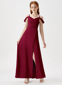 Azazie Ocean Junior Burgundy A-Line Off the Shoulder Stretch Satin Dress image6