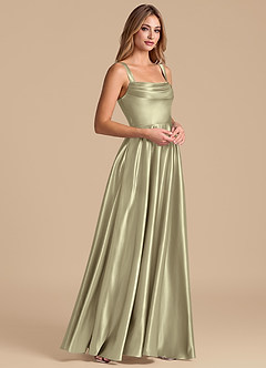 Azazie Shaude Bridesmaid Dresses Moss Green A-Line Pleated Metallic Satin Dress image4