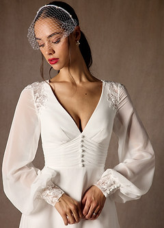 Azazie Amila At-home Try On Dresses Diamond White A-Line V-Neck Lace Chiffon Dress image5