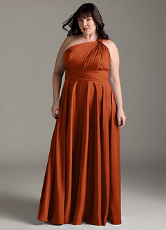 Azazie Charlize Bridesmaid Dresses Burnt Orange A-Line One Shoulder Stretch Satin Dress image13