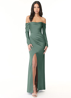 Azazie Hallie Bridesmaid Dresses Eucalyptus Sheath Off-The-Shoulder Long Sleeve Stretch Satin Convertible Dress image3