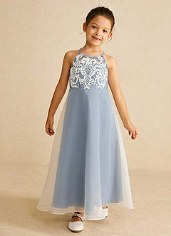 Azazie Ladybug Robe Demoiselle D'honneur Fillette Robe Trapèze en Organza Dentelle Bleu Poussiéreux image2