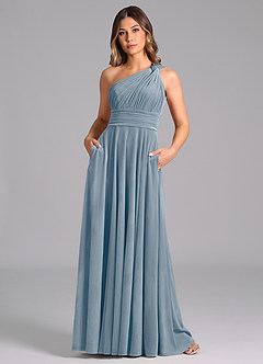 Azazie Charlize Vestidos de damas de honor Vestido de Azul Polvoriento de terciopelo de Corte en A con Hombro unilateral image3
