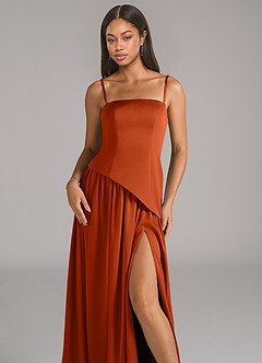 Azazie Adeline Robes de demoiselle d'honneur Robe Trapèze Convertible en Satin extensible Sans bretelle Orange Brûlée image2