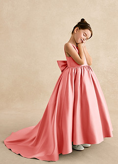 Azazie Mimia Robe Demoiselle D'honneur Fillette Robe Trapèze en Mat Satiné Arc Corail image4