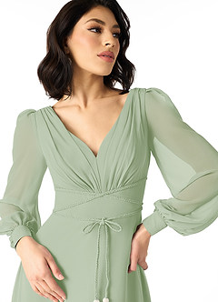 Azazie Sage Final Sale Dusty Sage A-Line Long Sleeve Chiffon Dress image4