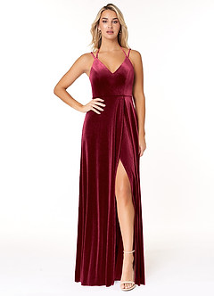 Azazie Sora Bridesmaid Dresses Burgundy A-Line Halter Bow Velvet Dress image1